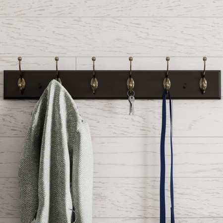 HASTINGS HOME Wall Rail-Mounted Hanging Rack with 6-Hooks for Entryway, Hallway, Bedroom Storage (Brown) 926535AJT